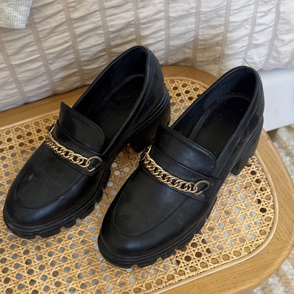 JustFab Black Loafers with Gold Chain Accent